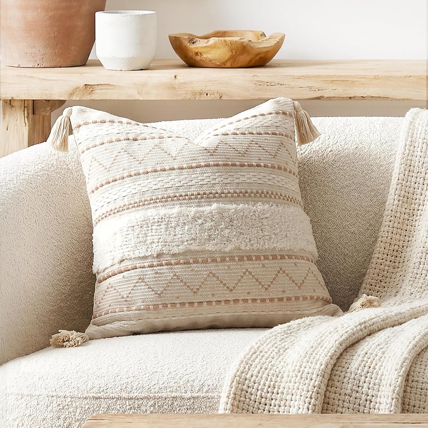 18X18 BlissBlush Throw Pillow Cover, Cream Neutral Beige Square Decorative Cushion Cover, Boho Accent Pillowcase