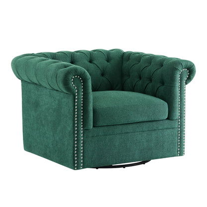 Christopher Knight Home Oakley Chesterfield Fabric Upholstered Club Chair, Button-Tufted 360° Swivel Sofa, Scrolled Arm Living Room Sofa, No Assembly Required Furniture, Dark Green