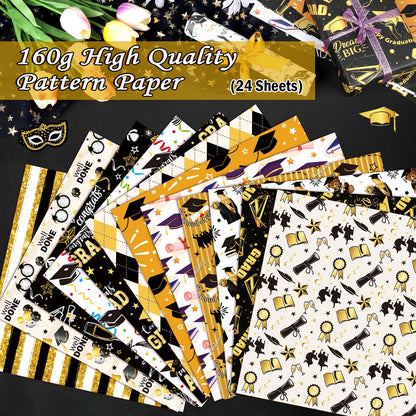 Konsait 24 Sheets Graduation Scrapbook Paper 12x12, Double Sided Grad Patterned Paper Black and Gold Decorative Cardstock Graduation Origami Papers for Card Making Scrapbook Supplies
