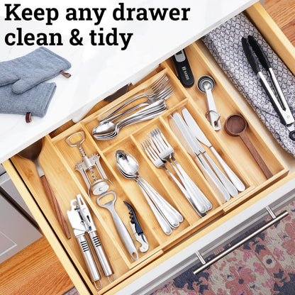 Dynamic Gear Premium Bamboo Silverware Organizer - Adjustable Kitchen Drawer Tray (6-8 slots)