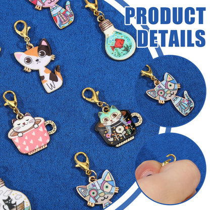 CONCHLERY 20 Pcs Teacup Cat Zipper Charm Cat Stitch Markers Charm Alloy Stitch Marker for Knitting Crocheting Quilting Weaving Jewelry Making Supplies, Mixed Color