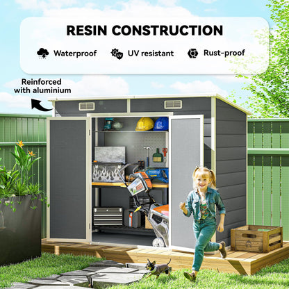 Outsunny 8' x 4' Outdoor Storage Shed, Waterproof Resin Plastic Shed with Floor, Window, Lockable Doors and Vents, All-Weather Garden Tool Shed for Backyard, Patio, Lawn, Gray