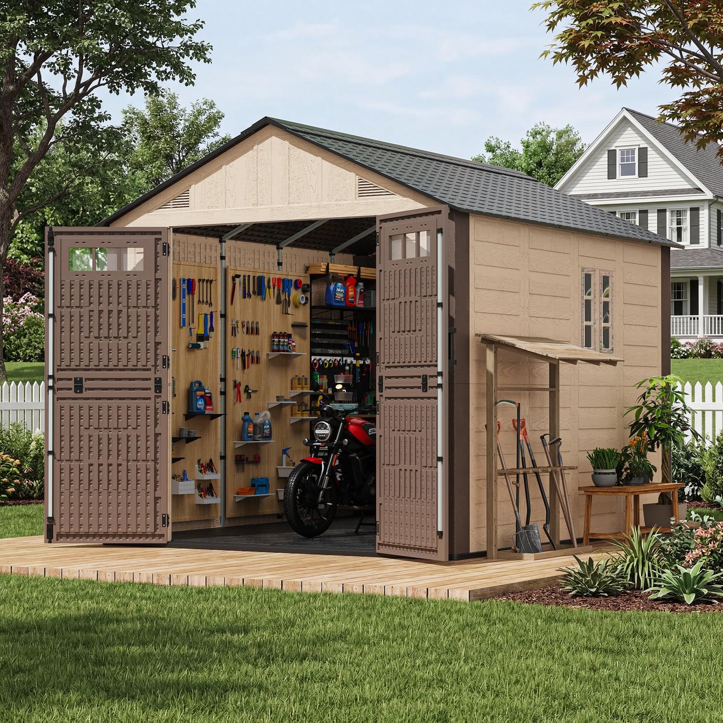 AirWire 8x10 FT Outdoor Resin Storage Shed, Plastic Shed with Floor, Door,Window &Vents, Extra Thick Outdoor Resin Shed for Patio, Backyard, Beige