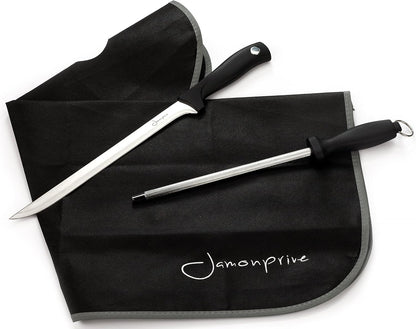 Ham Carving Knife with Honing Steel and Ham Cover - Professional Set for Slicing Ham & Prosciutto