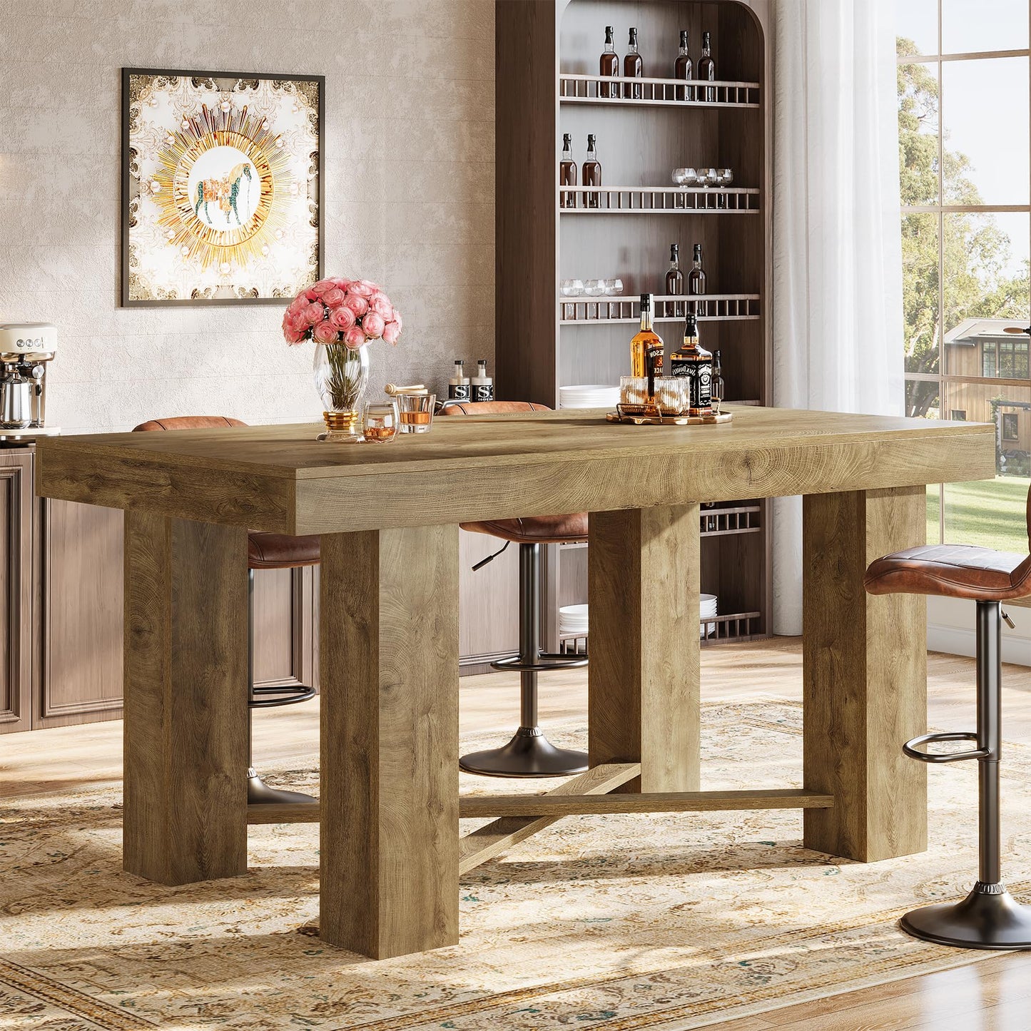 Tribesigns 55" Wooden Bar Table, Farmhouse Rectangular Counter Height Table, Modern Home Bar Furniture for Kitchen, Dining Room, Living Room, Pub, Bistro, Basement, Natural Wood