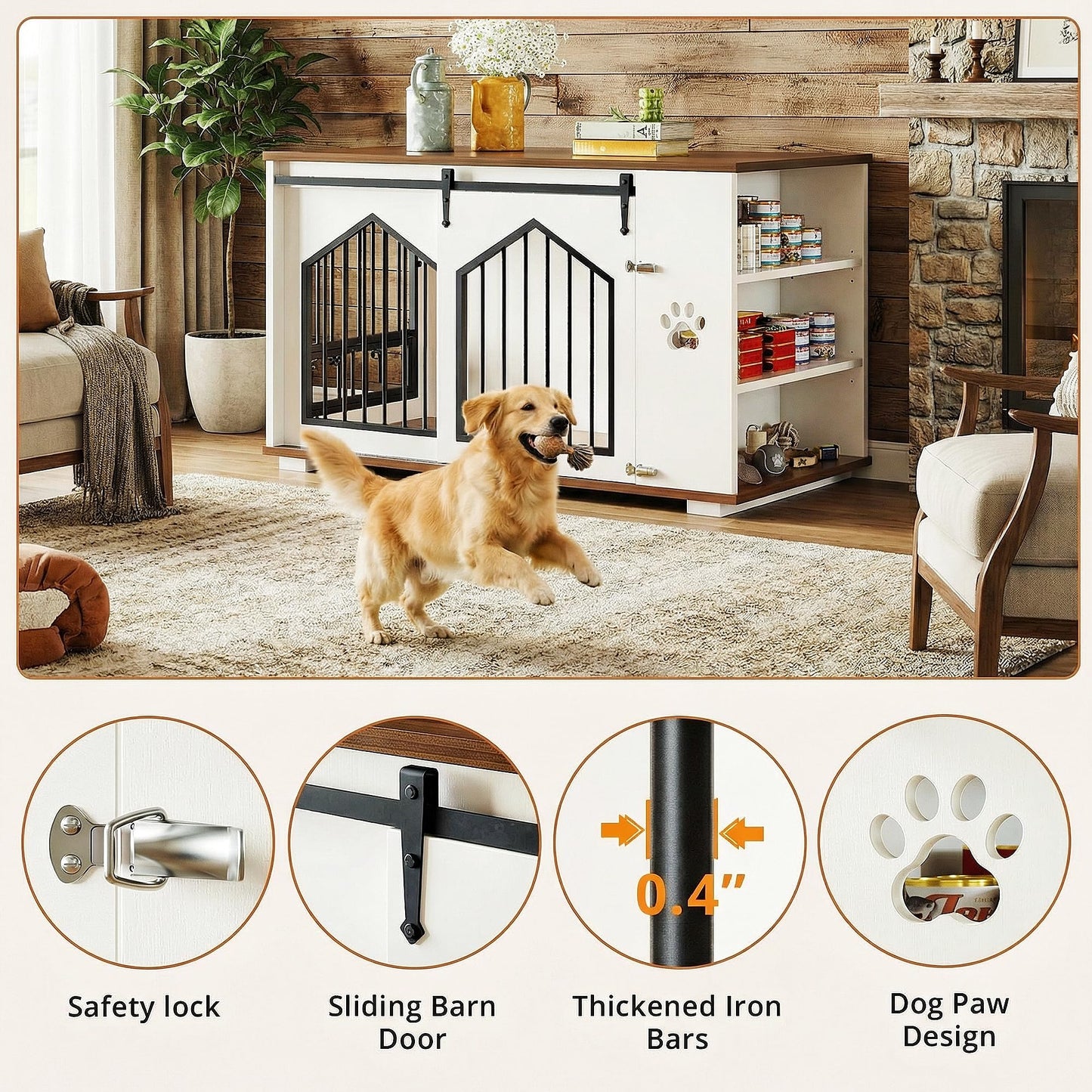 IRONCK Large Dog Crate Furniture with 2 Rotatable Dog Bowls, Wooden Dog Kennel with 2 Adjustable Shelves, Barn Doors Decorative Pet Cage Dog House as TV Stand, White
