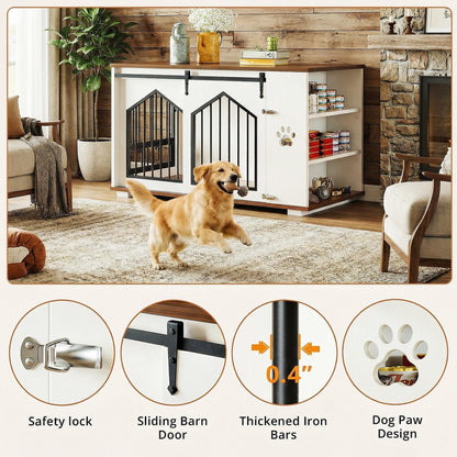 IRONCK Large Dog Crate Furniture with 2 Rotatable Dog Bowls, Wooden Dog Kennel with 2 Adjustable Shelves, Barn Doors Decorative Pet Cage Dog House as TV Stand, White