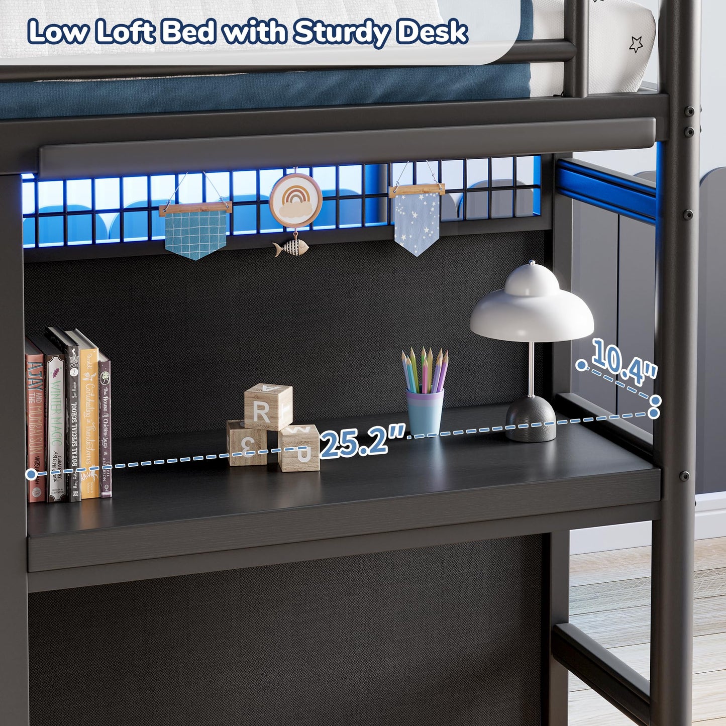 Low Loft Bed Twin Size with 7 Storage Drawers, Desk and LED Lights, Heavy Duty Metal Kids Loft Bed with 13.8" H Safety Guardrail, Anti-Collision Pad, Private Play Curtain, Under-Bed Play Space - Black