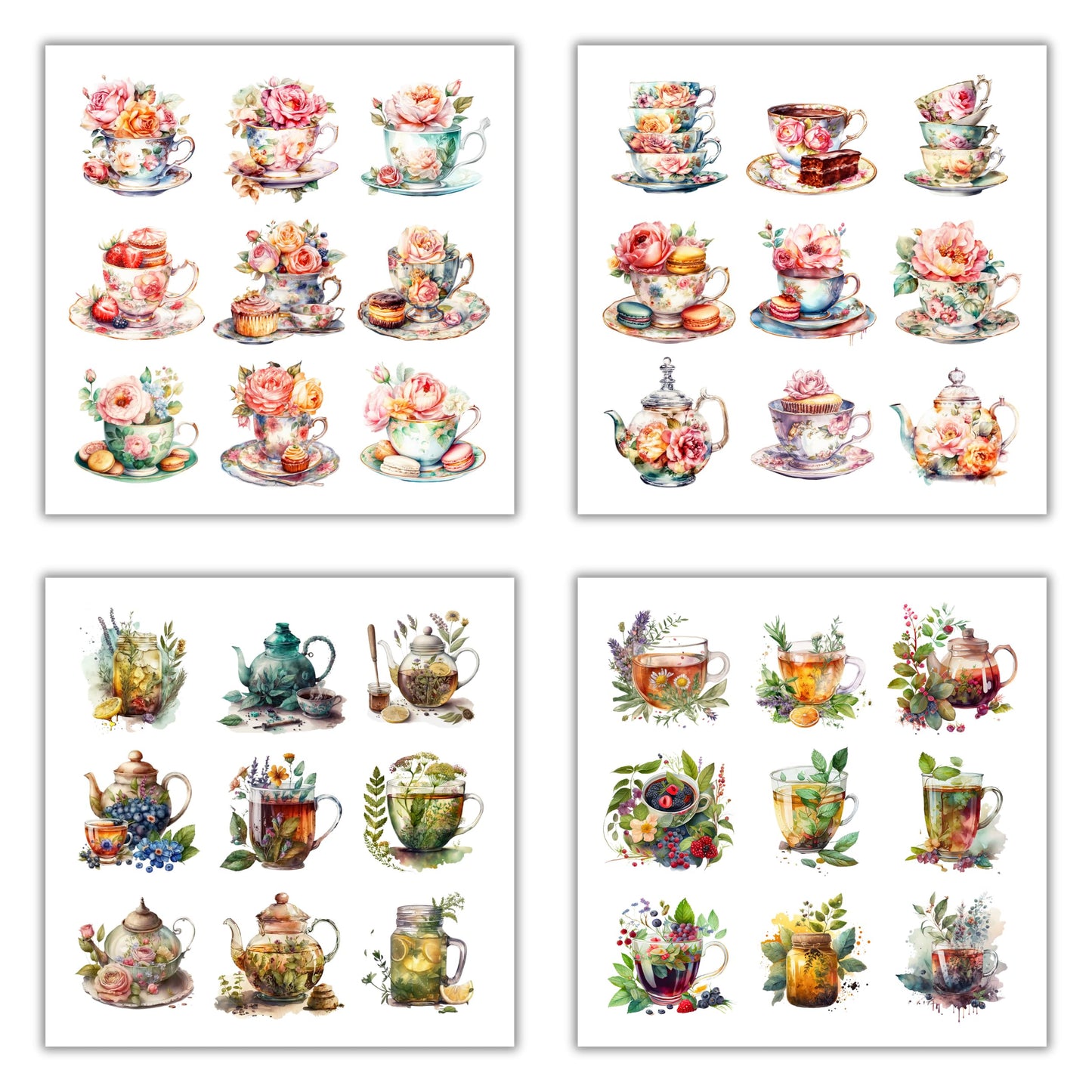 XERE 144 Pcs Tea Sets Four Seasons Sticker Book for Journaling Notebooks, Sketchbook, Bookmark Making, Junk Journal, Budget Planner, Scrapbook Art Supplies Stickers