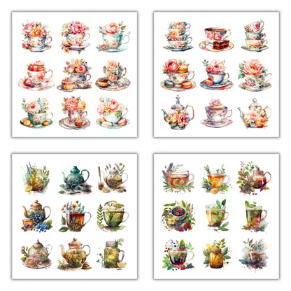 XERE 144 Pcs Tea Sets Four Seasons Sticker Book for Journaling Notebooks, Sketchbook, Bookmark Making, Junk Journal, Budget Planner, Scrapbook Art Supplies Stickers