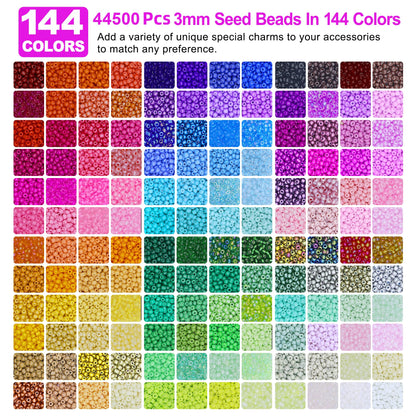 Redtwo 3mm 44500pcs Glass Seed Beads Kit, 7 Boxes 144 Colors Small Beads for Bracelets, Friendship Bracelet Kit with Charms and Letters
