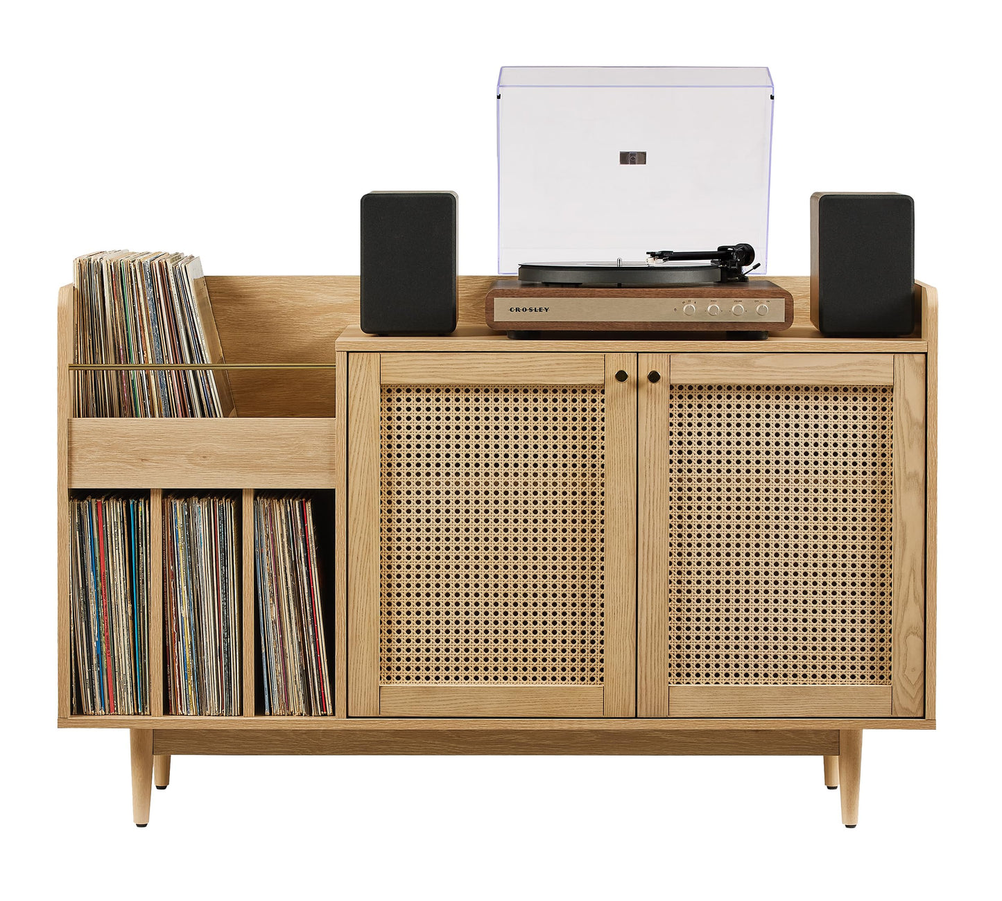 Crosley Furniture Maeve Record Player Cabinet, Vinyl Storage, Rattan Turntable Stand for Records, Ash