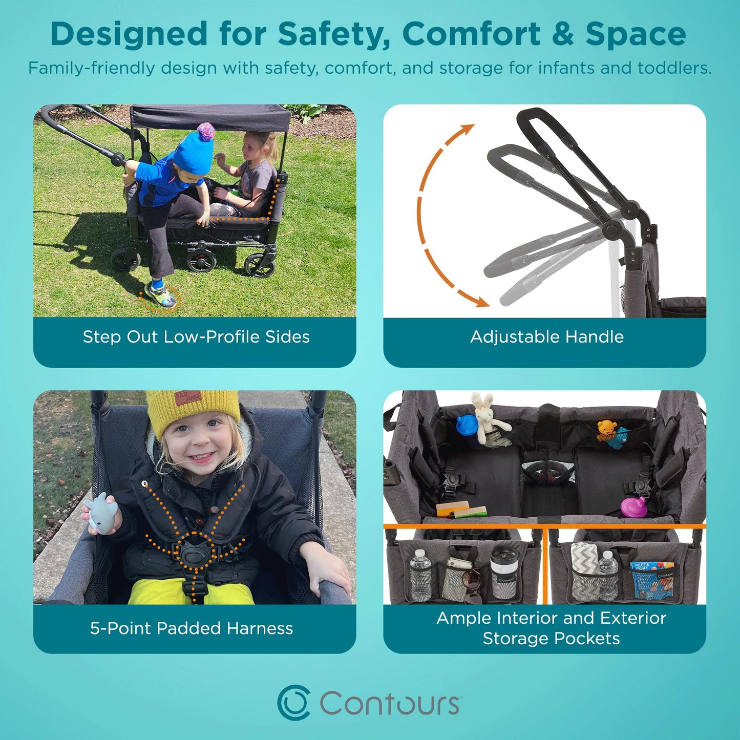 Contours Curve 360 Lightweight Double Baby Stroller Wagon for 2 Kids, Fits Infant Car Seats, Ultra Maneuverable, Easy in and Out for Toddlers with Deep Footwell, Storage Pockets and Adjustable Handle