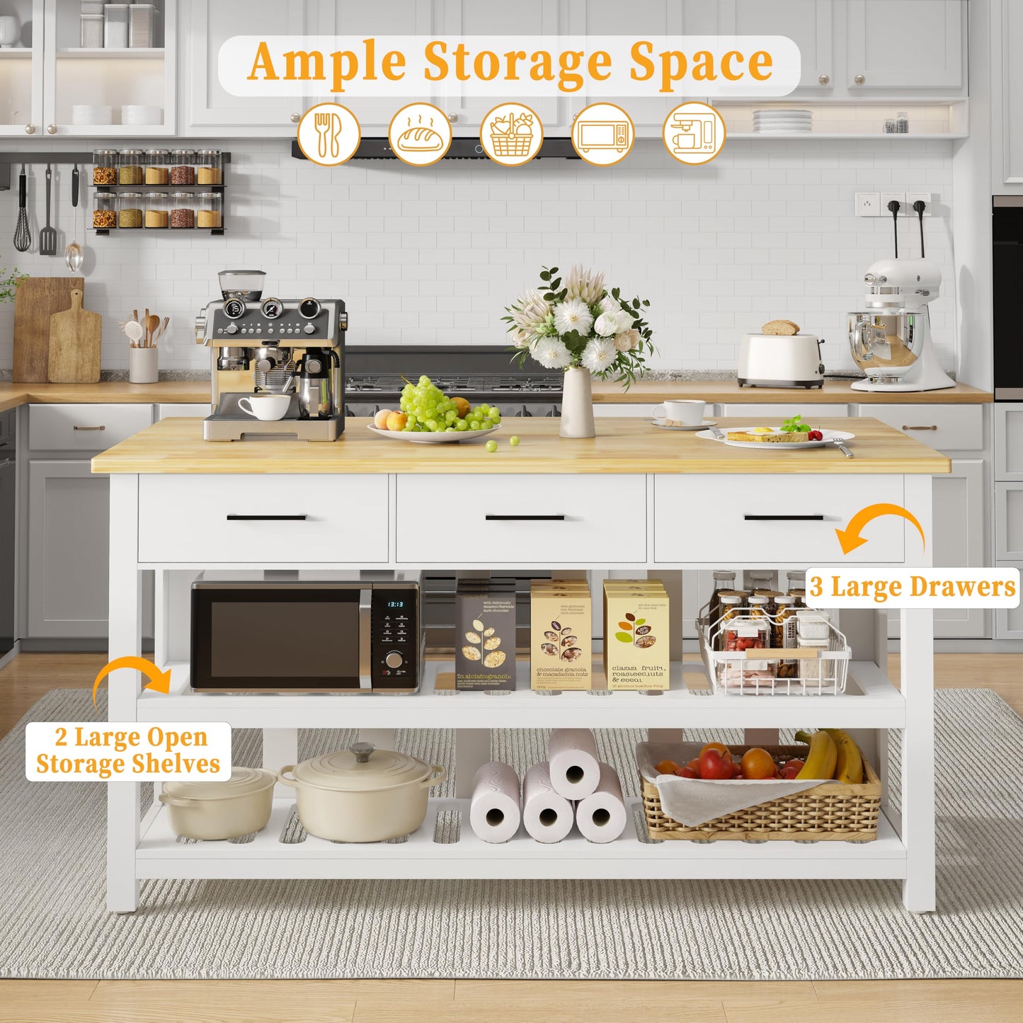 DynJest 60" Solid Rubberwood Kitchen Island with Power Outlets - Extra Large Work Surface, 3 Drawers & 2 Open Shelves Storage Cabinet for Kitchen Dining Room, Farmhouse Style (White)