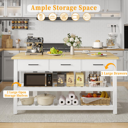 DynJest 60" Solid Rubberwood Kitchen Island with Power Outlets - Extra Large Work Surface, 3 Drawers & 2 Open Shelves Storage Cabinet for Kitchen Dining Room, Farmhouse Style (White)