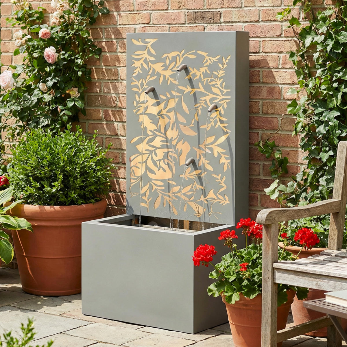 Merax 30.71" H Light Gray Metal Leaf Cutout Outdoor Water Wall Fountain with LED Lights, Modern Waterfall Feature for Patio Garden Backyard Decor