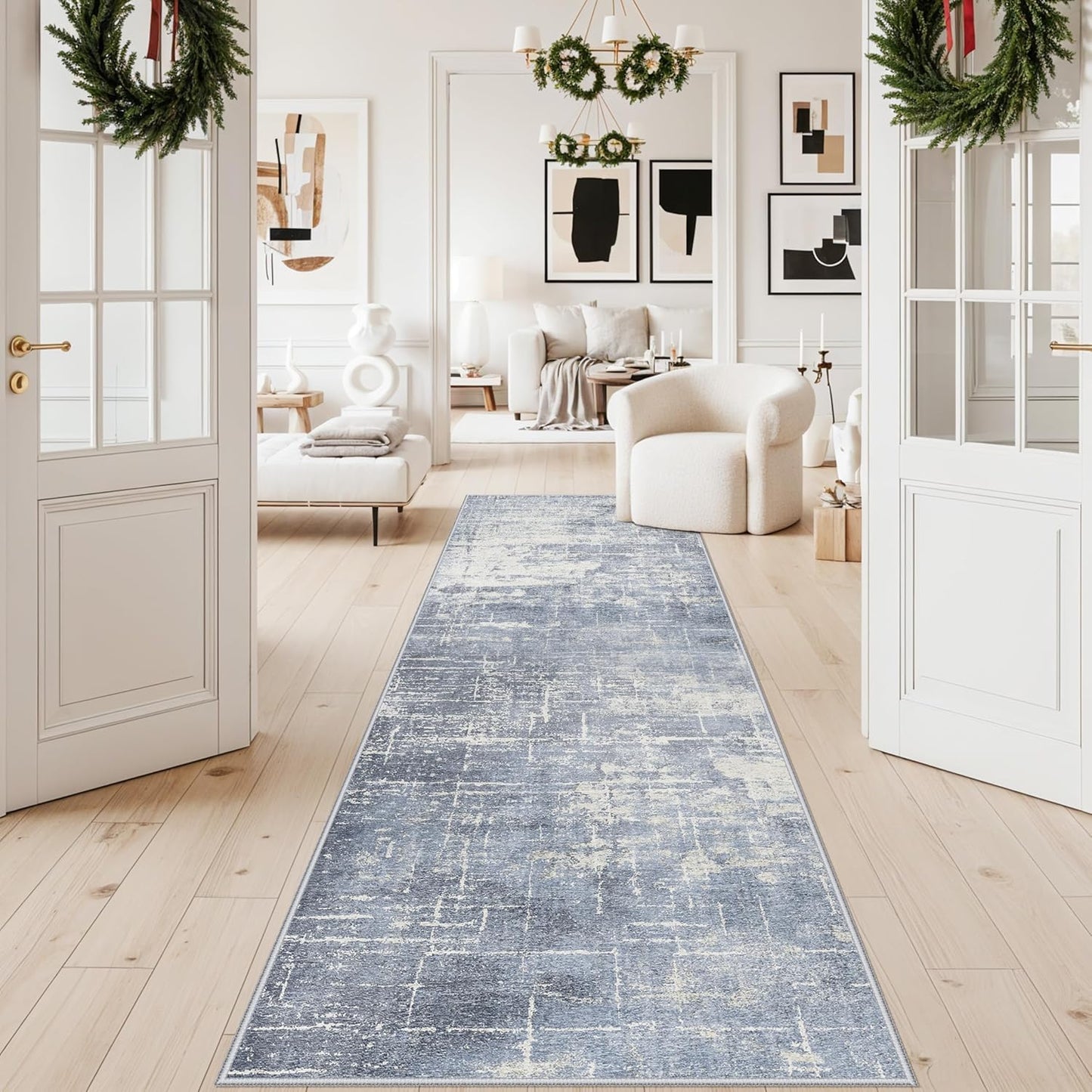 Skiennix Abstract 3x10 Kitchen Rug Runner - Washable Non-Slip Soft Indoor Carpet | Blue/Ivory Design for Living Room & Hallway