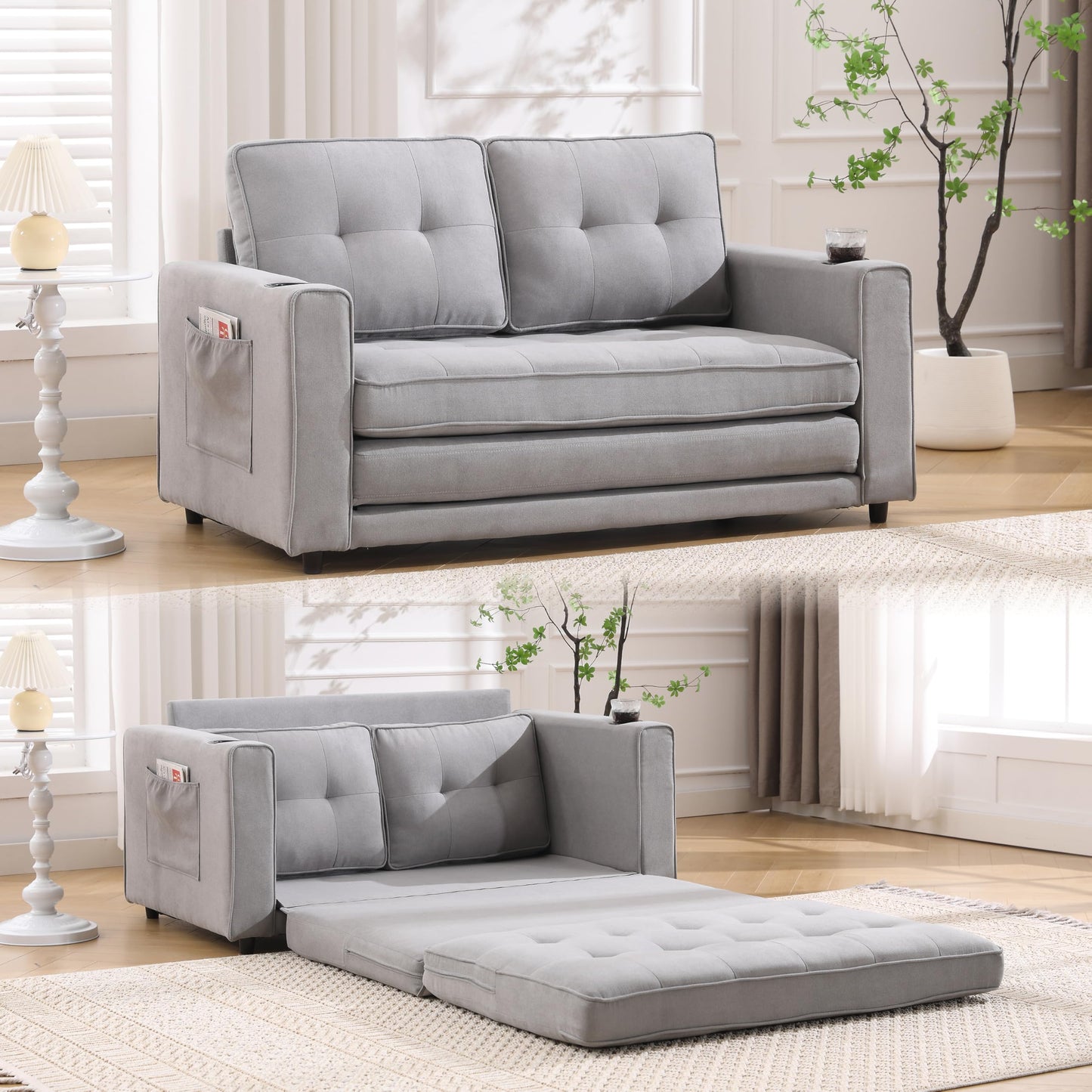 Trygoal Convertible Sofa Bed, Folding Loveseat Sleeper Sofa Bed with Pillows,Fold Out Floor Couch with Cup Holder, Fabric Pull Out Sleeper Couch Bed for Living Room, Bedroom Lounge, Light Gary