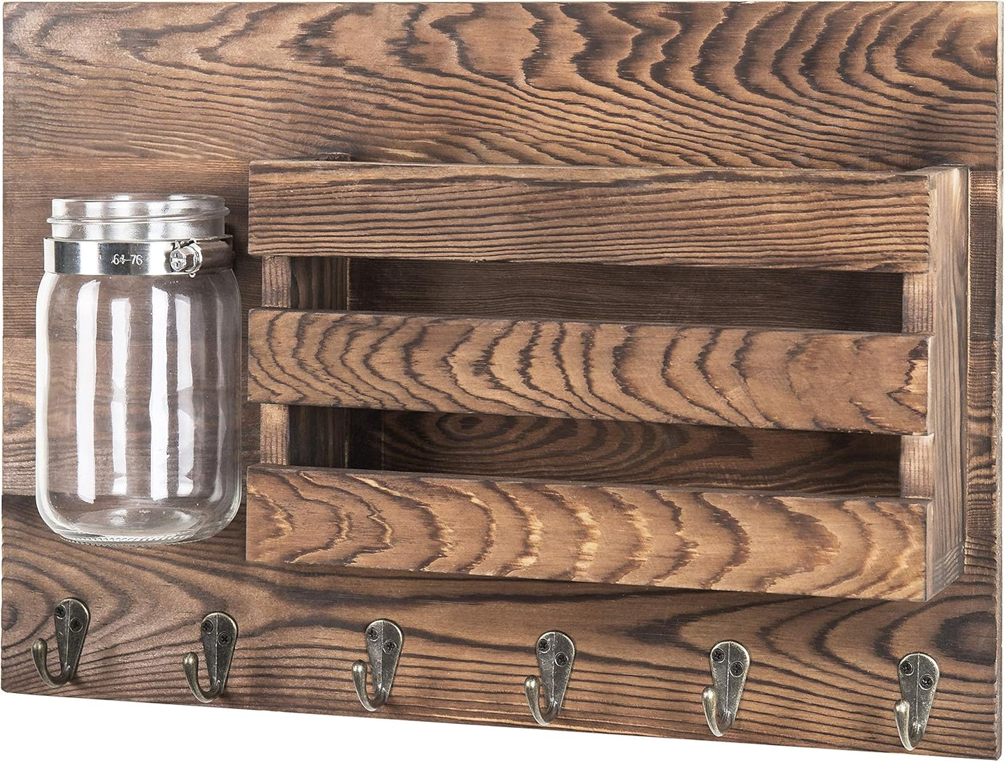MyGift Wall-Mounted Burnt Wood Mail Holder Organizer with 6 Key Hooks & Mason Jar