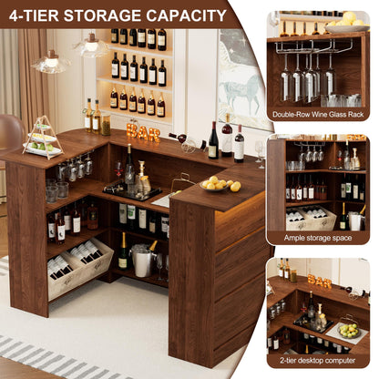 PAKASEPT Home Unit Bar Cabinet with LED Light & Stemware Holders, 3 Tier Liquor Bar Wooden Storage Cabinet, Modern U-Shaped Liquor Table Cabinet for Living Room, Dining Room