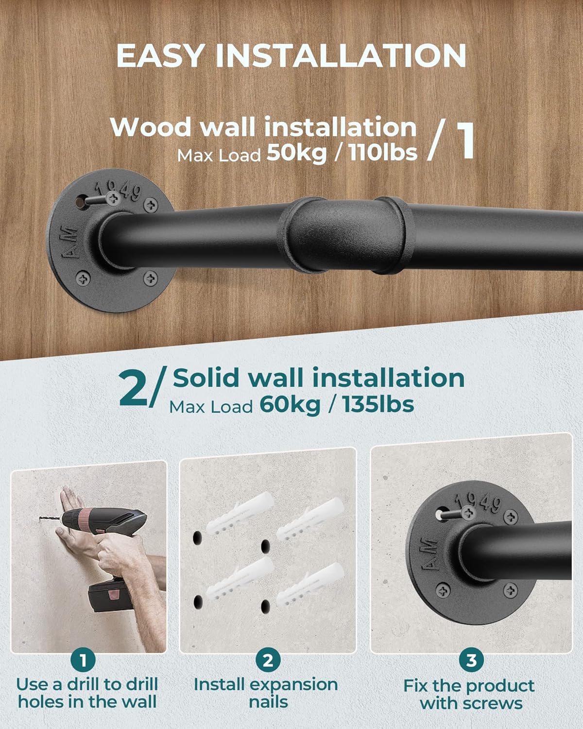 OROPY Industrial Pipe Clothes Rack, Set of 2 Heavy Duty Wall Mounted Black Iron Garment Bar