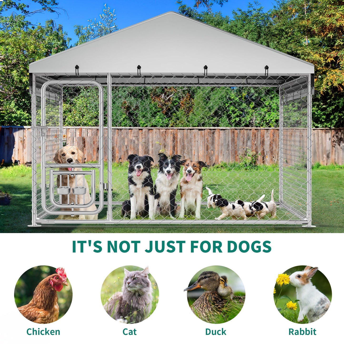 YITAHOME Outdoor Dog Kennel with Rotating Feeder Bowls, 7.5'x7.5' Outdoor Dog Enclosure with Roof, Heavy Duty Dog Cage for Medium Large Dogs