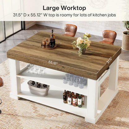 Tribesigns 55" Kitchen Island with Seating and Storage, 3-Tier Farmhouse Wood Stationary Island Table with Large Worktop & Leg Room, Coffee Bar Table with Storage Shelves for Kitchen, White and Brown