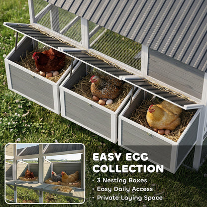 PawHut 77" Large Chicken Coop for 6-8 Chickens, Outdoor Wooden Hen House Poultry Cage with Run, 3 Nesting Boxes, Waterproof Roof, Removable Tray, Ramp for Farm Backyard, Gray
