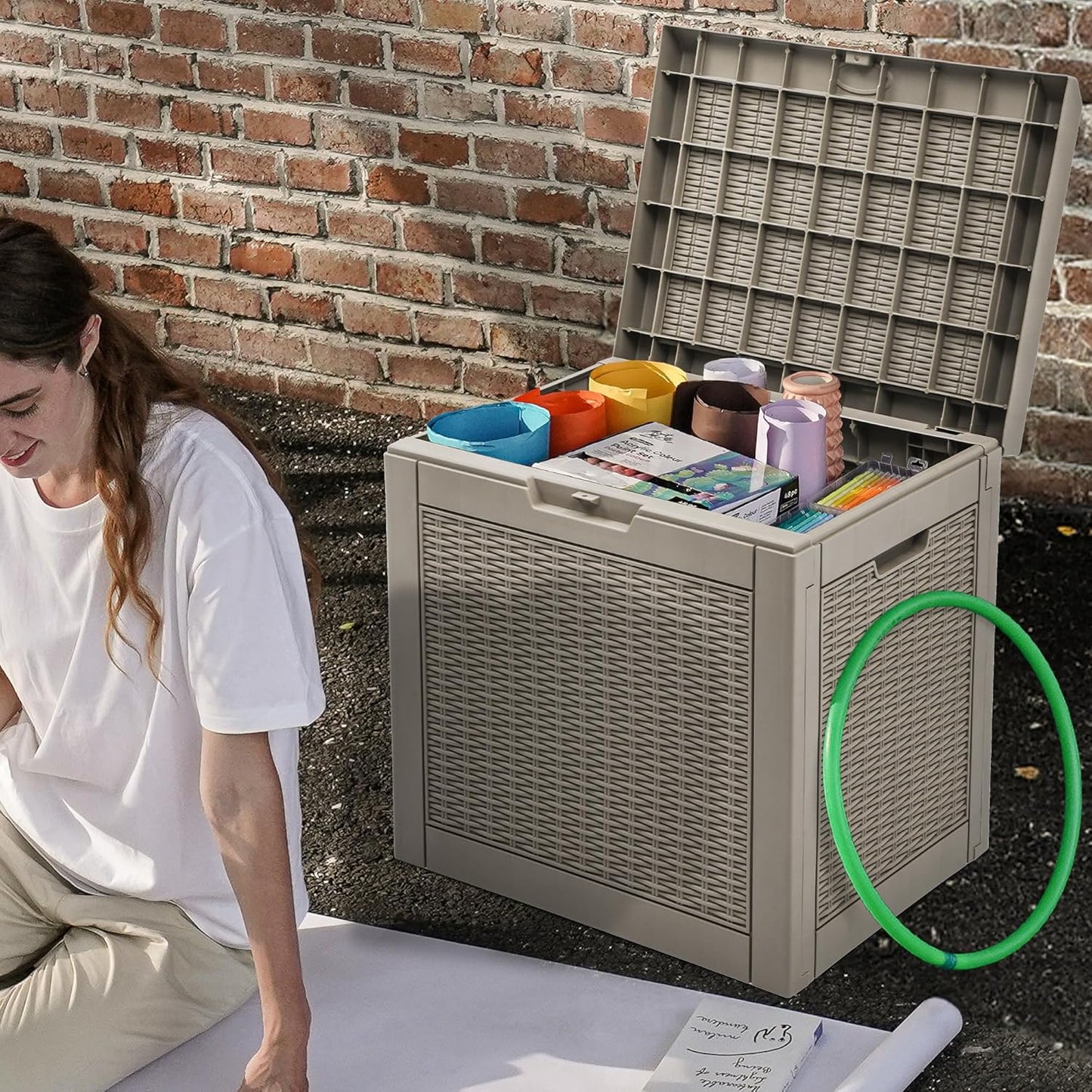32 DWVO Gallon Indoor Outdoor Storage Box, Resin Rattan Small Deck Box for Patio Furniture, Cushions, Garden Tools