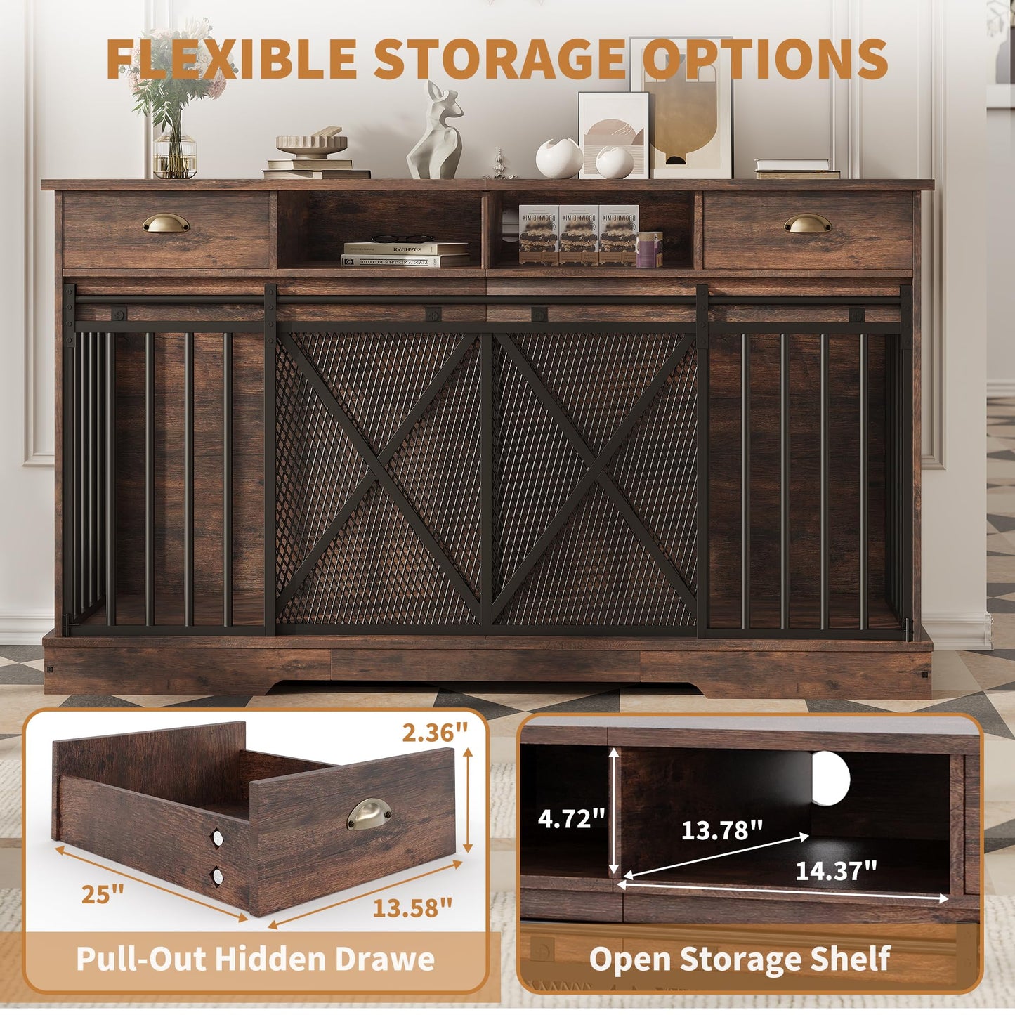Garvee Double Dog Crate Furniture, 63” Large Dog Kennel Furniture with Divider and Sliding Doors, Heavy Duty Dog Kennel Furniture with Drawers and Shelves for Living Room, Retro Brown