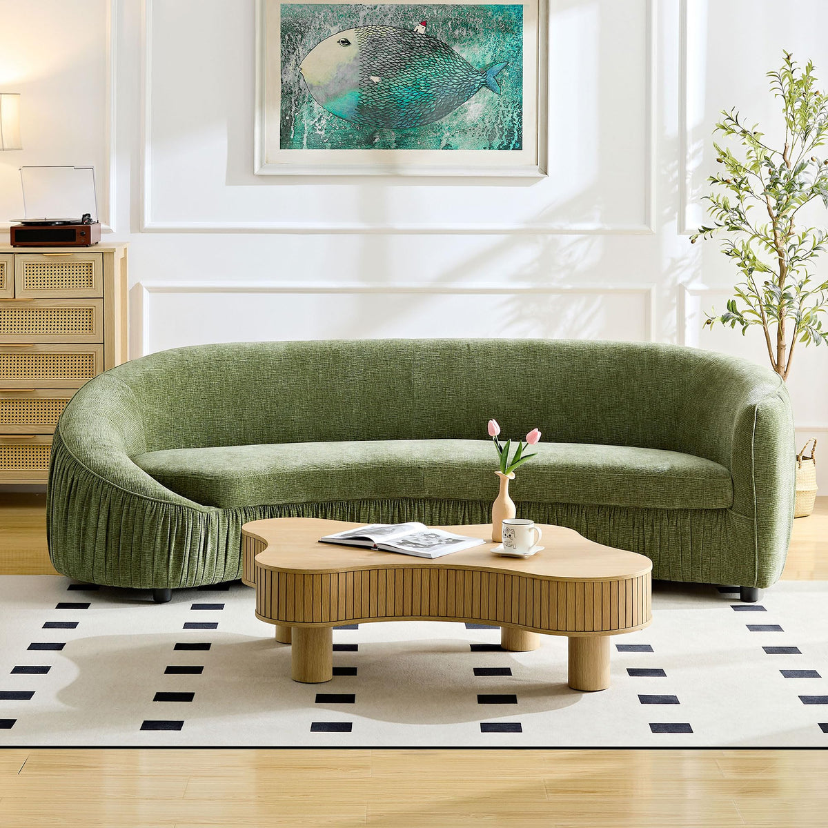 KEIKI 92" Oversized Curved Shaped Upholstered Modular Sectional Sofa, Minimalist 4-Seater Couch with Seat Cushions and Ergonomic Backrest, No Assembly Required, for Apartment, Living Room, Green