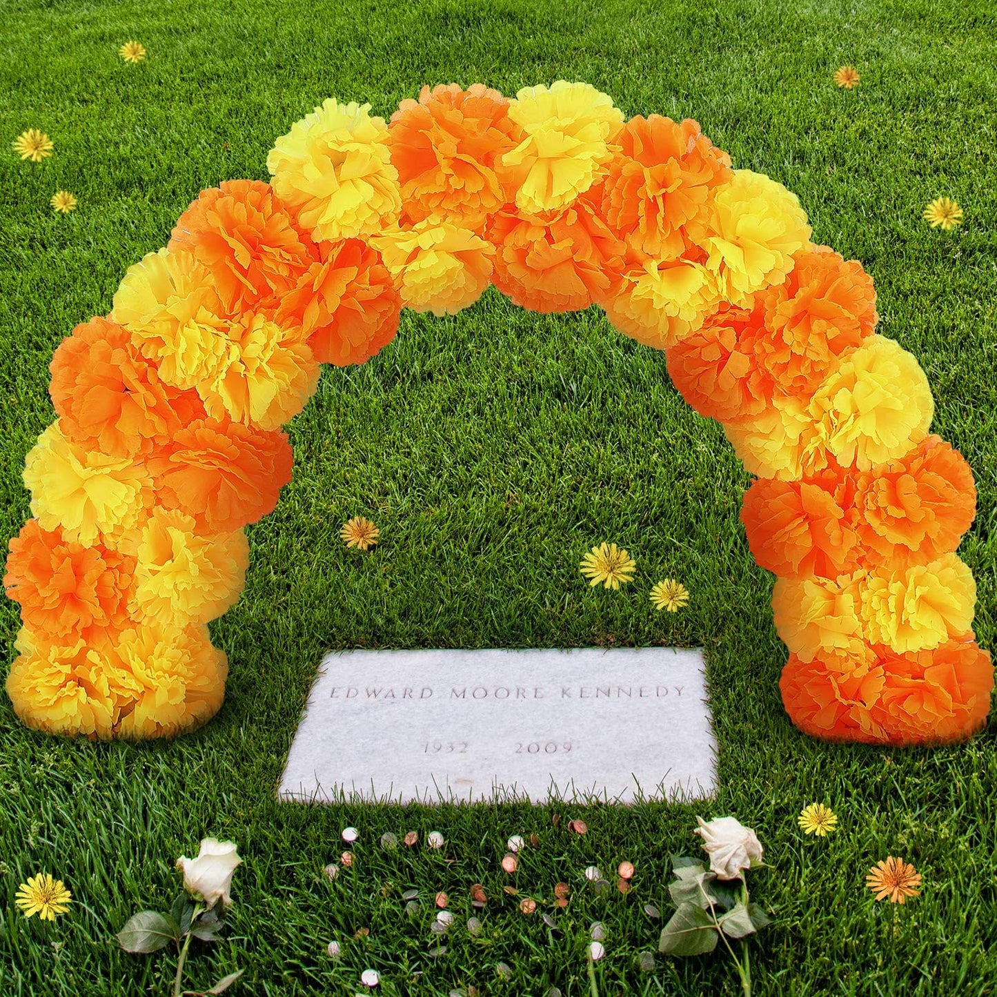 Canlierr Day of The Dead Marigold Arch Kit 24 Inches Wood Dia De Los Muertos Cemetery Grave Decorations Wooden Artificial Marigold Flowers Arch with Stake for Gravestone Graveyard Ground Outdoor