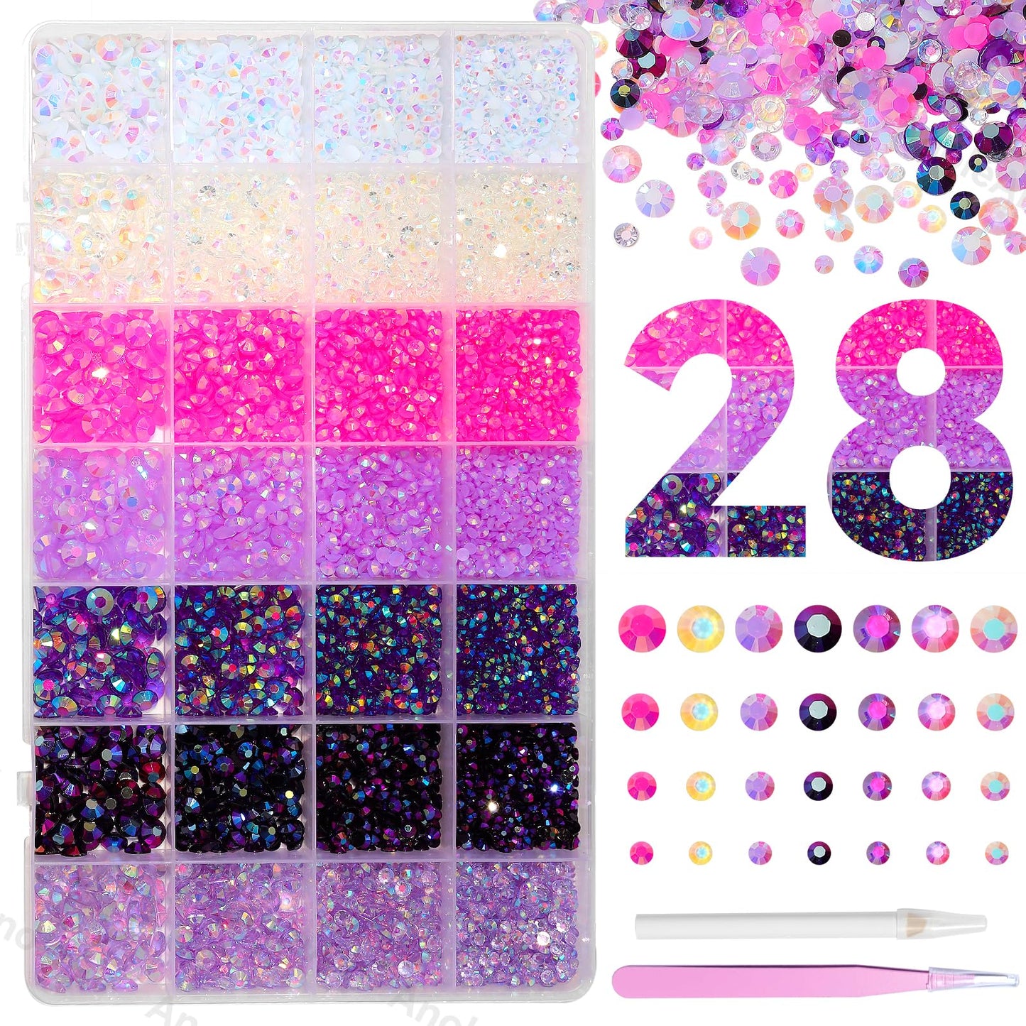 22000Pcs Pink Purple Rhinestones for Bedazzling, Jelly Resin Gem Rhinestones3-5mm, Purple Gems Bedazzling Kit for Crafting, Flatback Color Gems for Nails Face Makeup Tumblers
