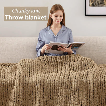 Negwoo Chunky Knit Throw Blanket - Handmade Light Brown Chenille Yarn | Soft & Comfy 40'' x 50'' Size