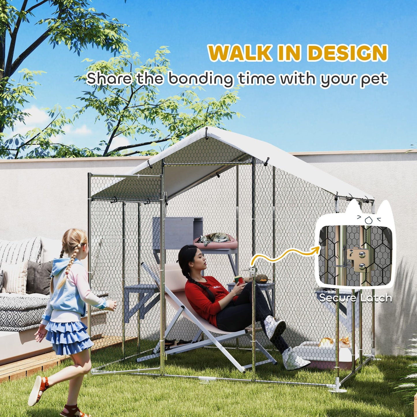 PawHut Catio Outdoor Cat Enclosure, 95" Extra Large Walk-in Cat House with Waterproof Cover, 2 Resting Boxes, 7 Jumping Platforms, Chicken Run Coop, Rabbit Hutch, Feral Cat Shelter Pointed Roof