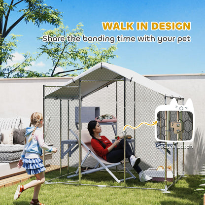 PawHut Catio Outdoor Cat Enclosure, 95" Extra Large Walk-in Cat House with Waterproof Cover, 2 Resting Boxes, 7 Jumping Platforms, Chicken Run Coop, Rabbit Hutch, Feral Cat Shelter Pointed Roof