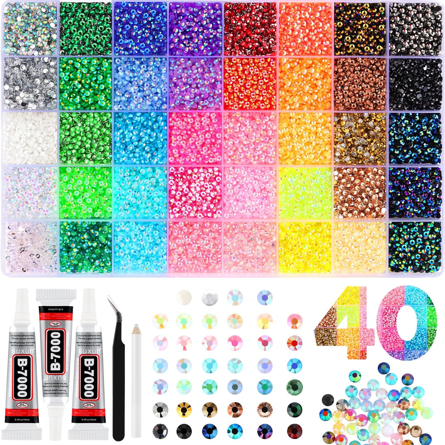 Zefy 40000 Pcs Resin Jelly Rhinestones for Bedazzling, 40 Colors 3mm Flatback Gems for Crafting, Bedazzling Kit with 3Pcs B7000 Glue for Clothing Shoes Nail Book Diamond Art