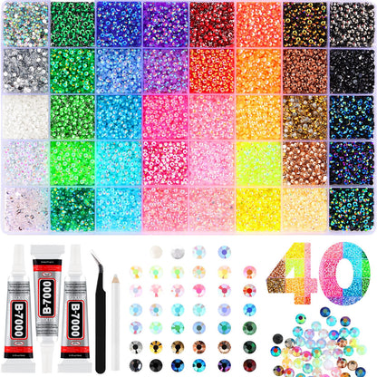 Zefy 40000 Pcs Resin Jelly Rhinestones for Bedazzling, 40 Colors 3mm Flatback Gems for Crafting, Bedazzling Kit with 3Pcs B7000 Glue for Clothing Shoes Nail Book Diamond Art