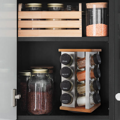 Kamenstein 16 Jar Warner Revolving Countertop Spice Rack Organizer with Lift & Pour Caps and Spices Included, FREE Spice Refills for 5 years, Stainless Steel & Bamboo with Black Caps