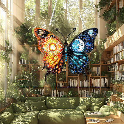Lxmsja DIY Sun Moon Diamond Painting Hanging Ornament, Double-Sided Acrylic Butterfly Diamond Art Kit, Special Shaped Drill Pendant Window Art Kit, Suncatcher Hanging Craft Decoration 7x8 inch