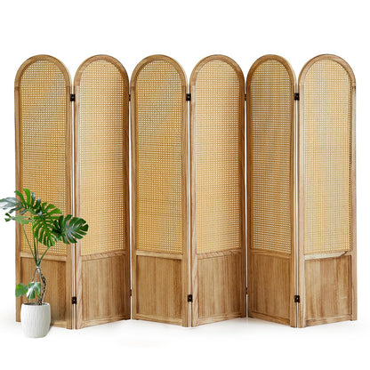 6 Panel Room Divider and Folding Privacy Screen, 5.6 Ft Foldable Double Hinged Rattan Partition, Hand-Woven Rattan Room Divider Portable Wood Freestanding Wall Divider for Room Separation - Natural