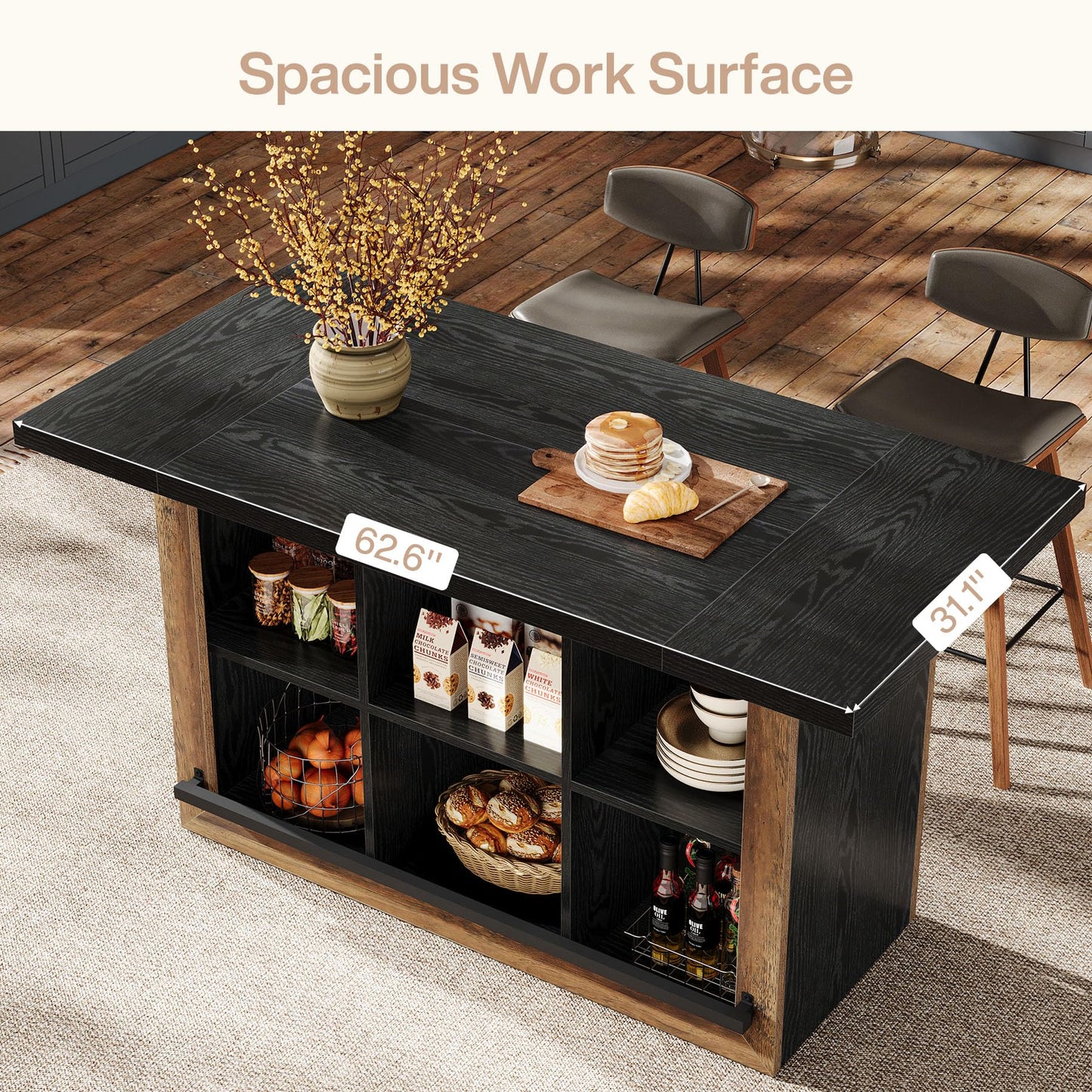 Tribesigns Kitchen Island with Storage, 62.6" Farmhouse Table with 6-Cubby Open Shelves & Metal Foot Rail, Butcher Block Style Counter Height Stationary Unit