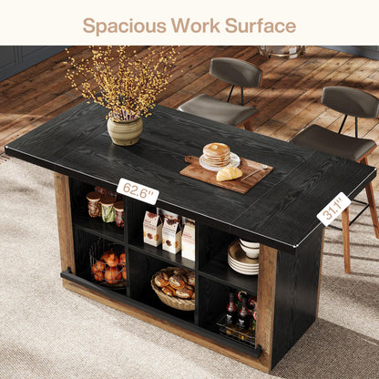 Tribesigns Kitchen Island with Storage, Counter Height Kitchen Island Table with 6 Open Cubbies and Footrests, Coffee Bar Table for Dining Room, Black&Brown