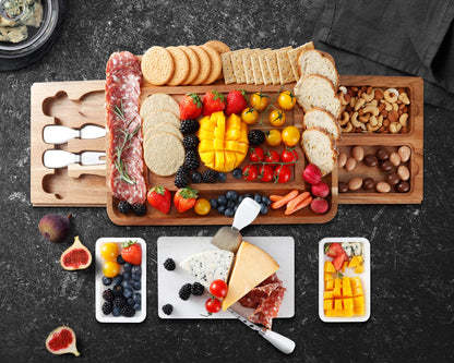 hecef Cheese Board Set Acacia Wood - Large Charcuterie Board with Stainless Steel Knife Set, Thick Wooden Server - Fancy House Warming, Birthday Choice for Gourmets, Feast, Cheese Serving