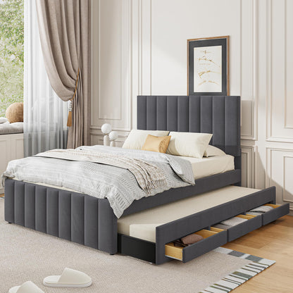 Merax Full Size Upholstered Platform Bed with Trundle and 3 Storage Drawers, Full Bed Frame & Tall Stripe Headboard for Bedroom, Solid Wood Slats Support, No Box Spring Needed, Easy Assembly, Gray