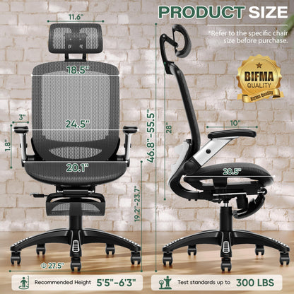 GABRYLLY Ergonomic Office Chair with Footrest, High Back Home Desk Chair - 3D Headrest, Flip-Up Arms, 135° Tilt and Wide Cushion, Heavy Duty Mesh Chairs for Task Computer Gaming, GYB01-FT