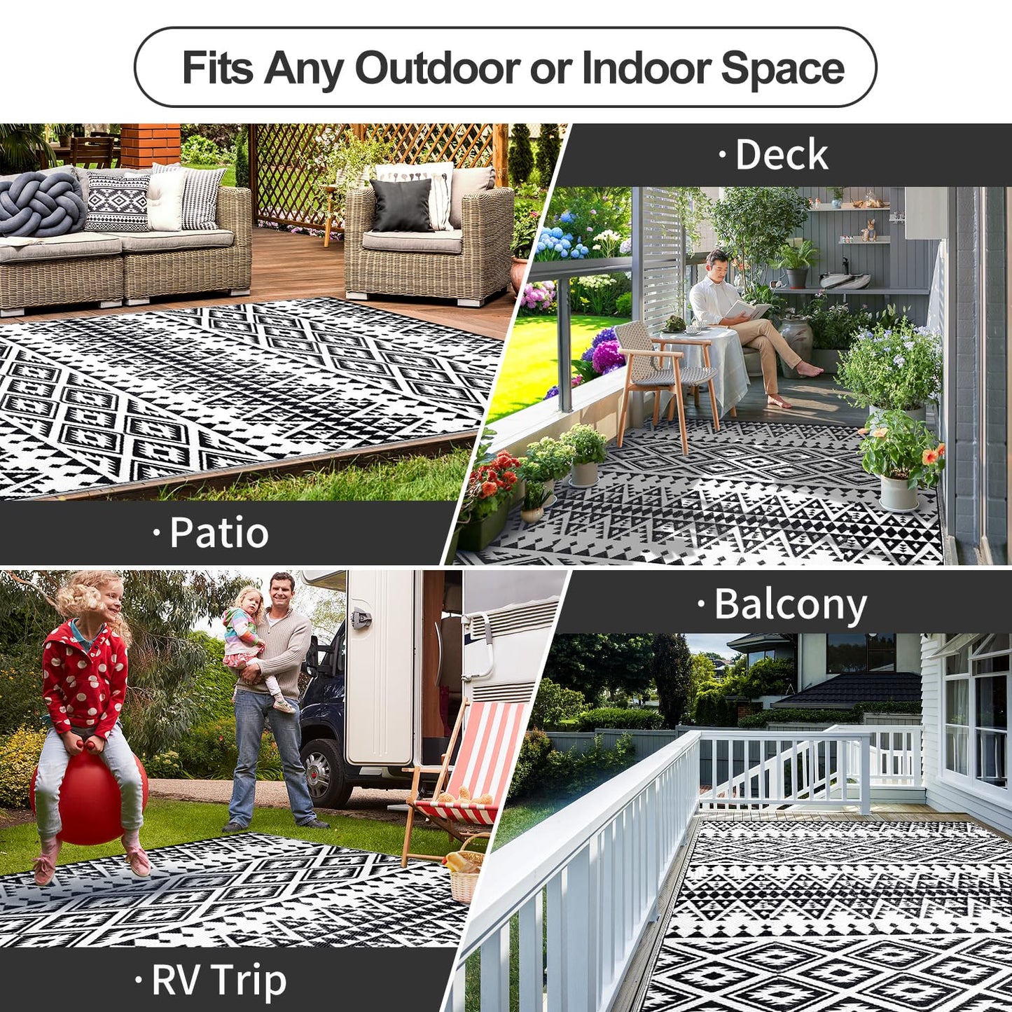 Waterproof Outdoor Rug 5x8ft, Bohemia Reversible Plastic Straw Mat for Patio RV Deck Porch Backyard Balcony Camping Picnic Beach Indoor Outdoor Carpet, Black&White