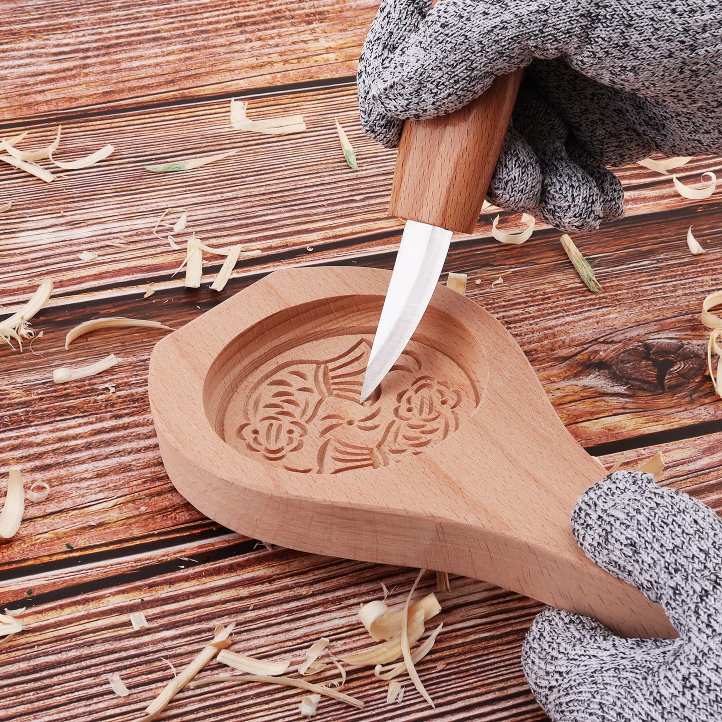 Omninmo Wood Carving Tools Set for Spoon Carving, Basic Detailed Carving Woodworkers Roll Leather Strop and Polishing Compound Hook Sloyd Detail Knife Left-Handed Spoon Carving Knives(with Gloves)