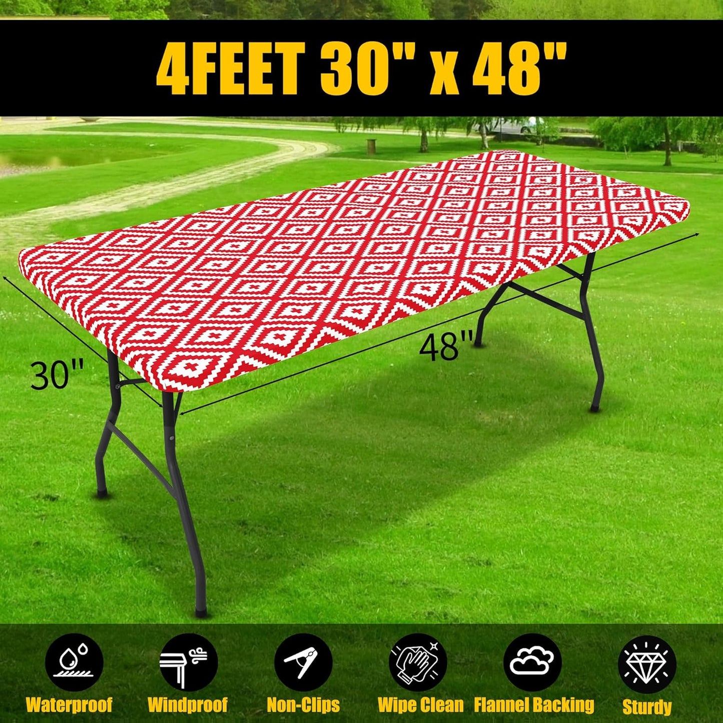 smiry Rectangle Picnic Table Cloth, Waterproof Elastic Fitted Outdoor Tablecloths for 4 Foot Tables, Red