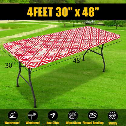 smiry Rectangle Picnic Table Cloth, Waterproof Elastic Fitted Outdoor Tablecloths for 4 Foot Tables, Red